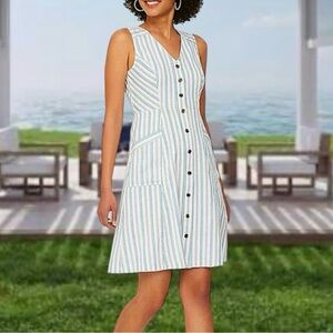 LOFT White and Light Blue Striped Button-Front Midi Dress
